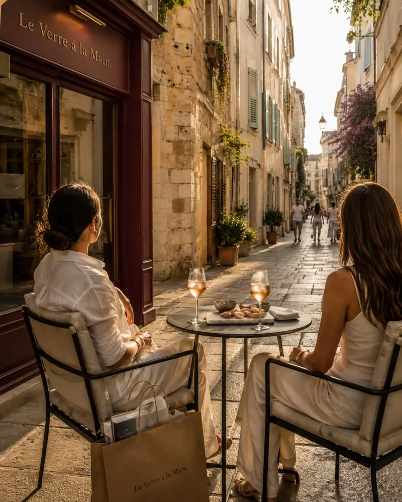 Two guests with glasses of rosé at a small terrace table, looking down a golden Antibes alleyway, a Le Verre à la Main shopping bag on the chair