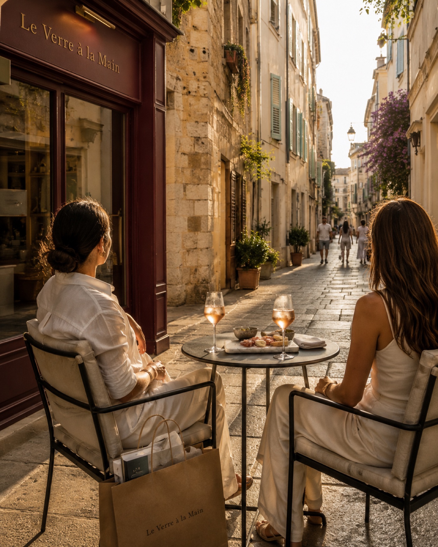 Two guests with glasses of rosé at a small terrace table, looking down a golden Antibes alleyway, a Le Verre à la Main shopping bag on the chair