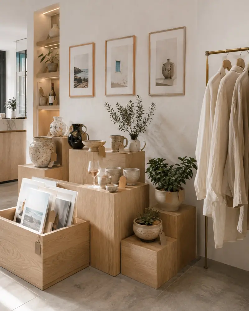 The makers' corner: ceramics on oak plinths, a browser bin of art prints, succulents, and a brass rail of linen pieces, with a glass of rosé resting mid-browse