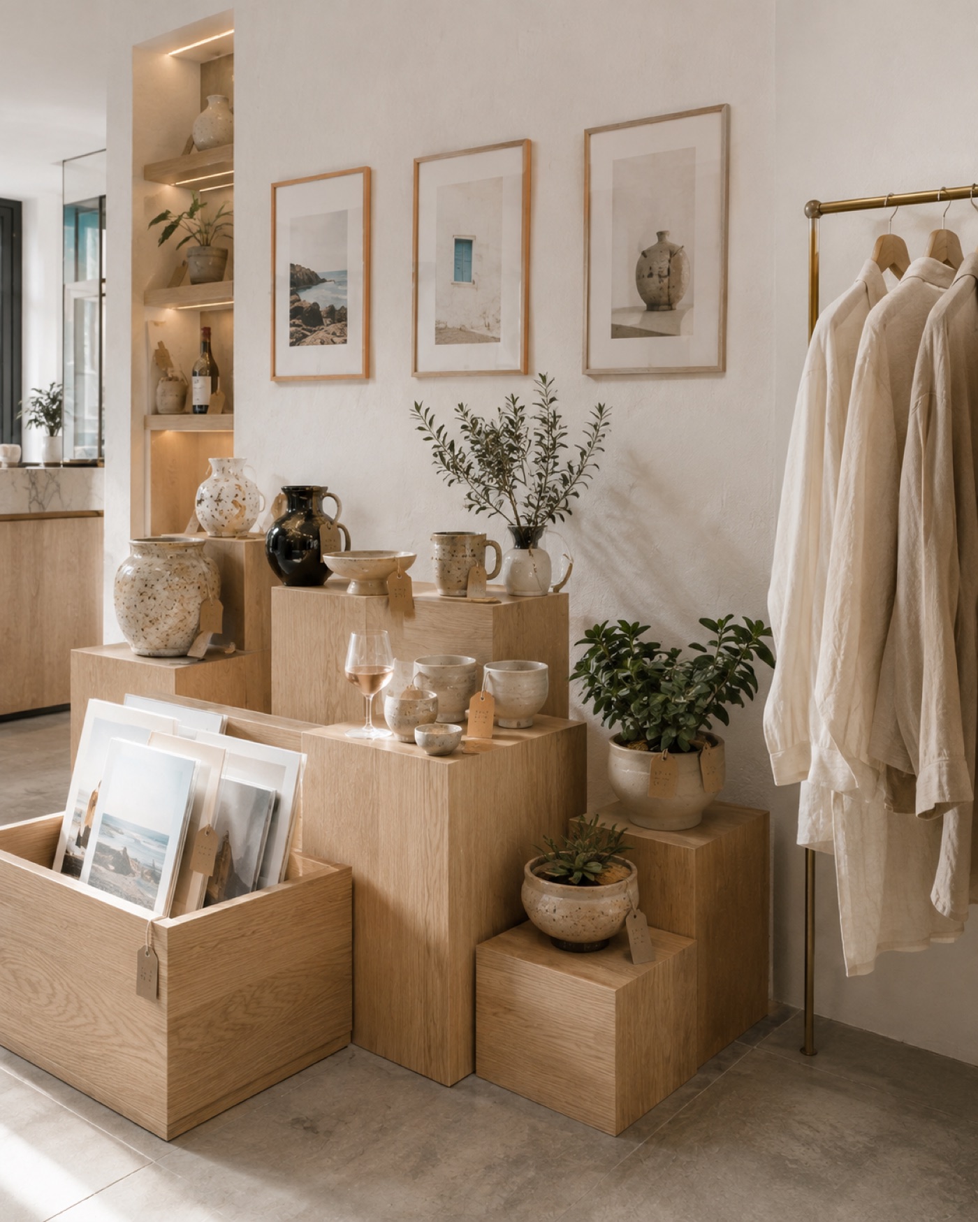 The makers' corner — ceramics on oak plinths, a browser bin of art prints, succulents, and a brass rail of linen pieces, with a glass of rosé resting mid-browse