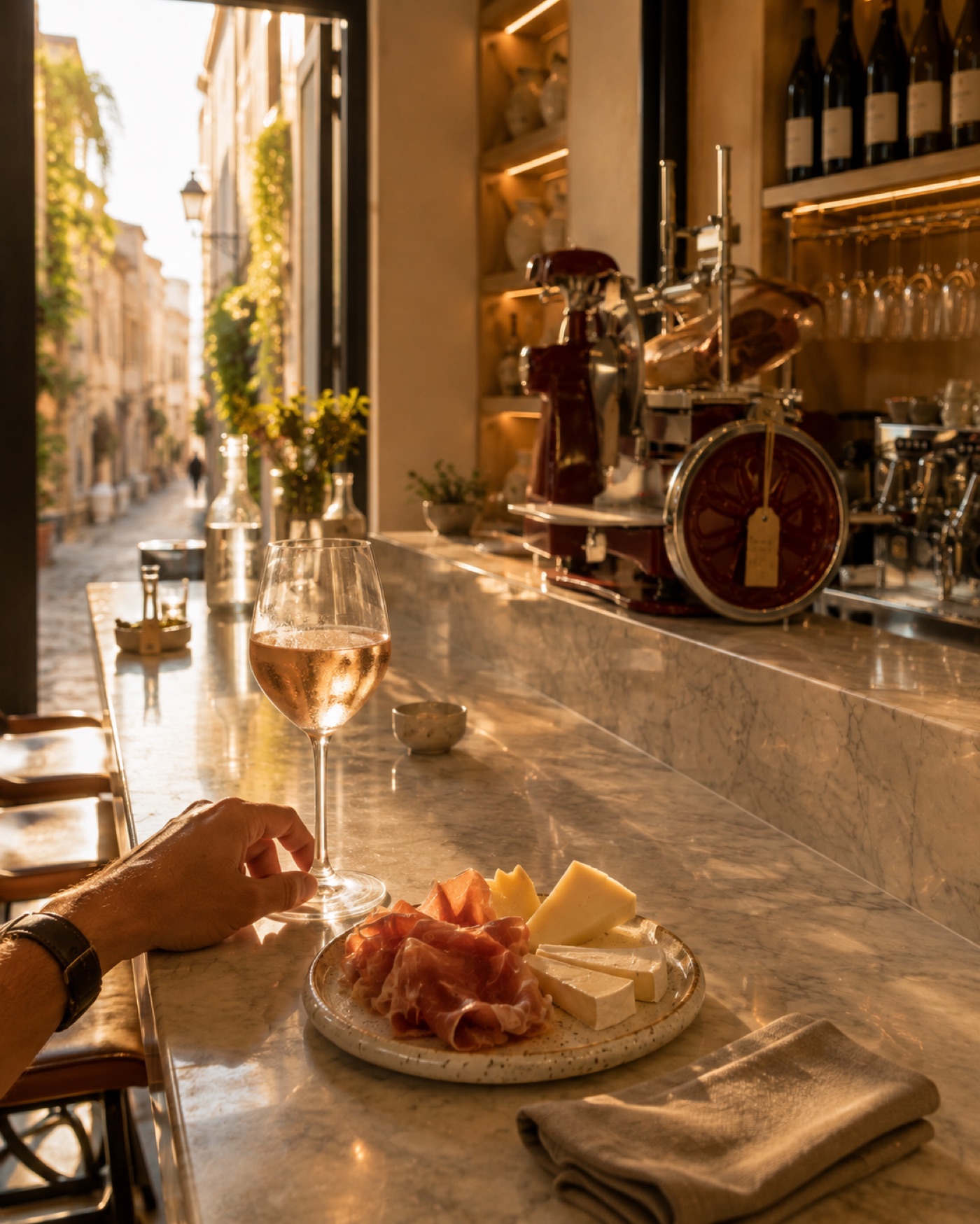 A glass of rosé and a plate of freshly sliced charcuterie and cheese at the marble bar, the sunlit alleyway visible through the open door