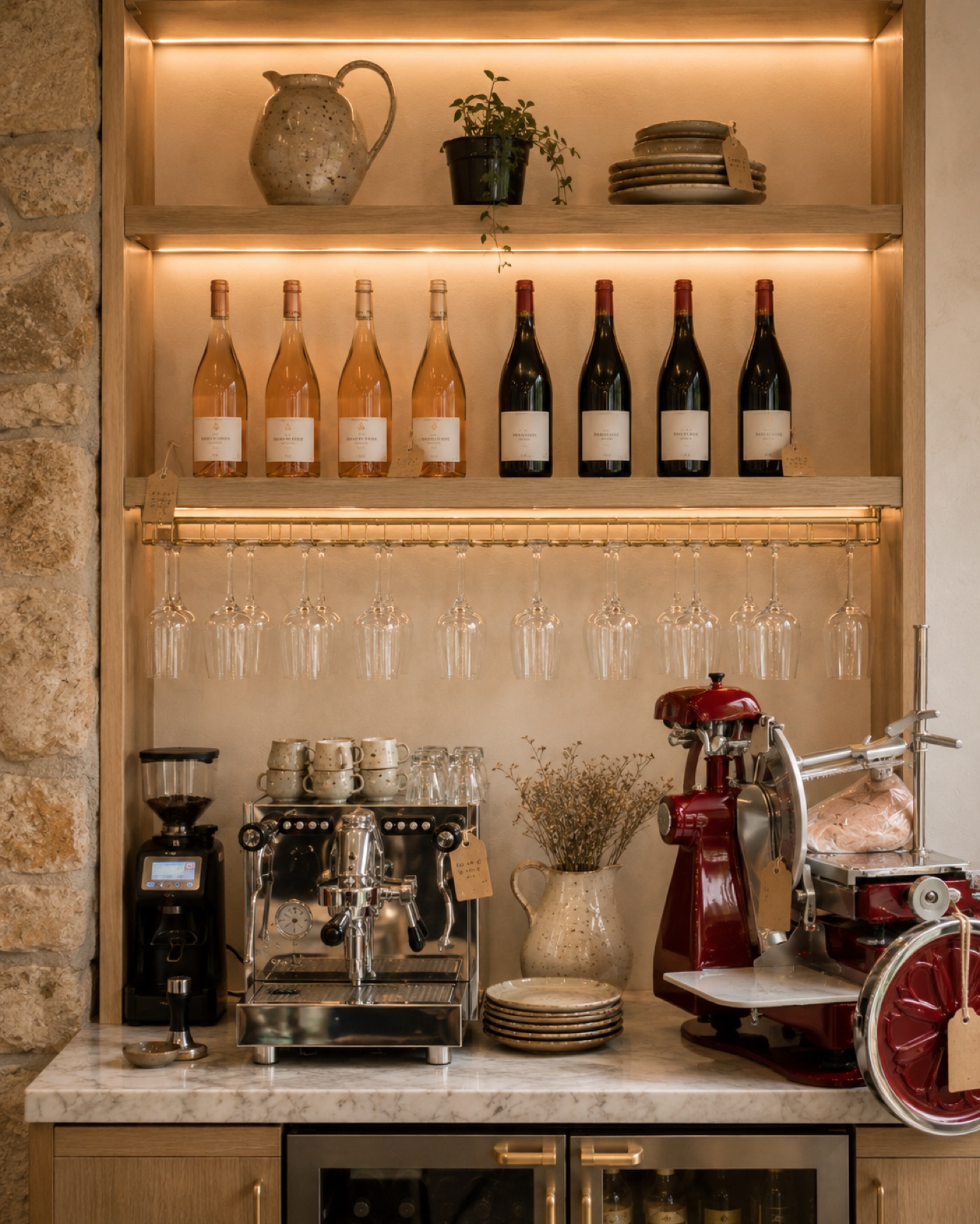 The back bar — Provence rosés and reds on lit oak shelves, hanging stemware, the espresso machine and the red flywheel slicer on the marble counter