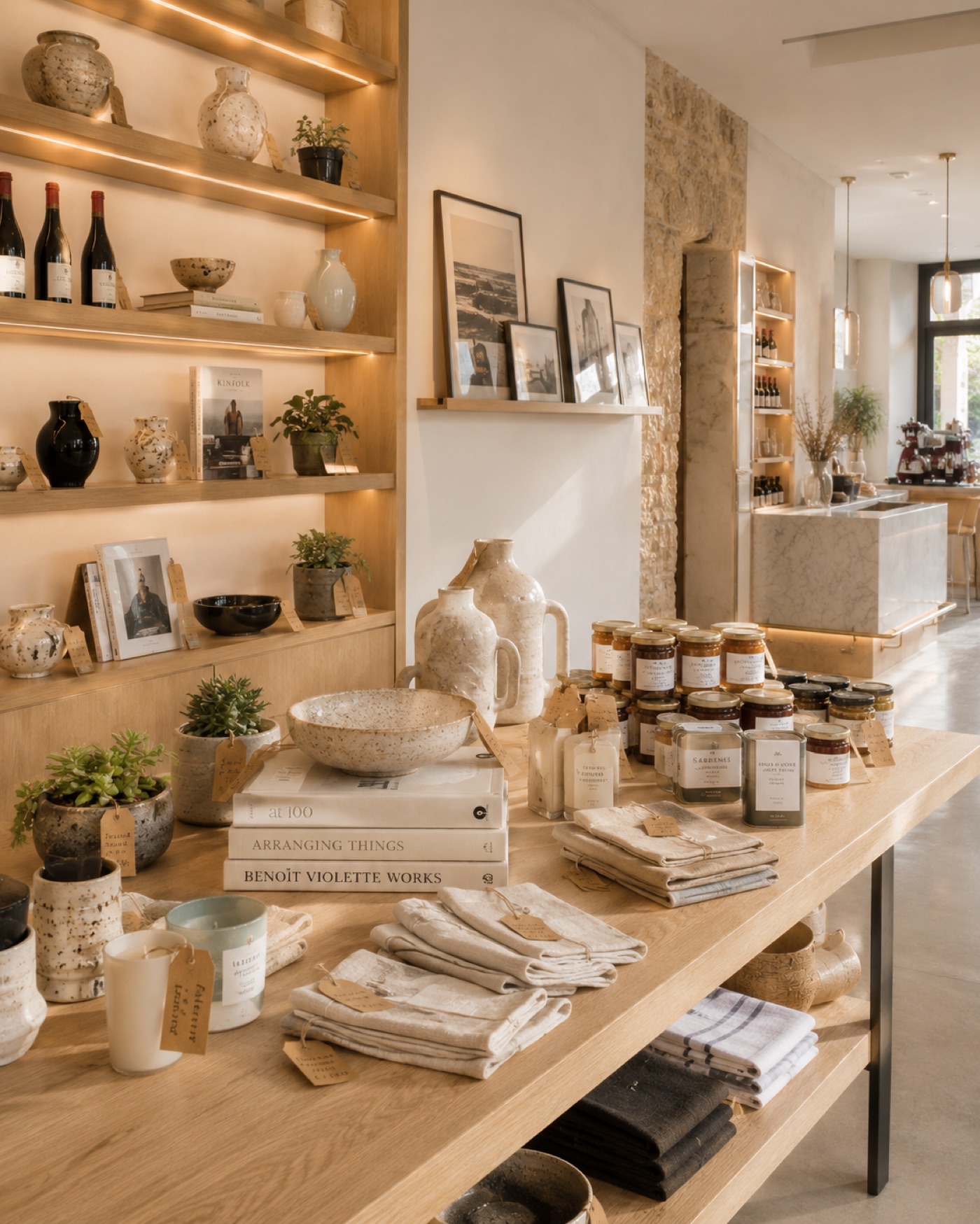 The boutique — a long oak display table of succulents, ceramics, books, linens and gourmet jars, with the marble wine bar glowing in the background