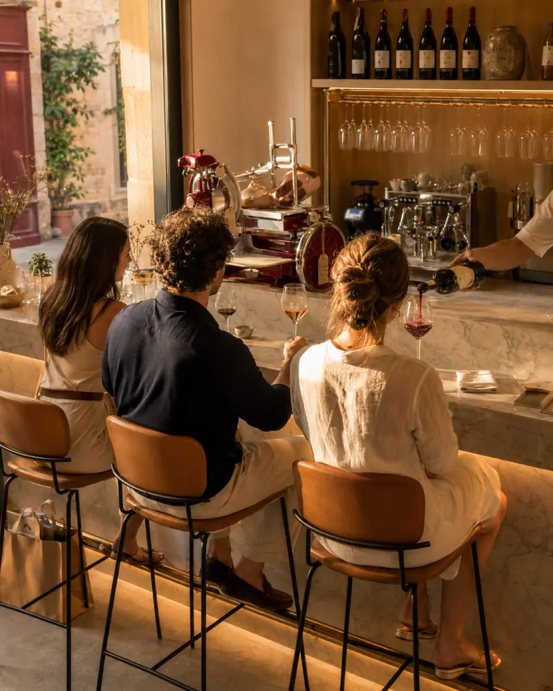The bar in service at apéro: guests on leather stools at the marble comptoir, wine being poured, the red slicer and espresso machine on the back bar