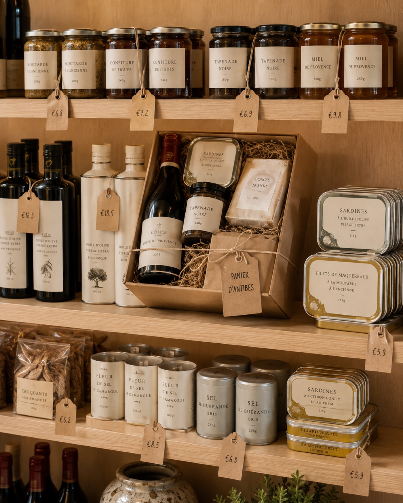 The épicerie fine shelves — jars of mustard, fig confiture, tapenade and honey with kraft price tags, olive oils, tins, and a Panier d'Antibes gift box