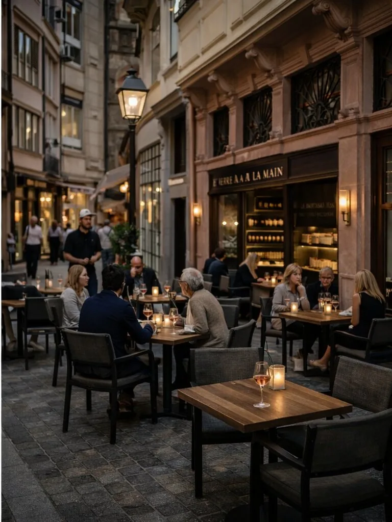 Candlelit terrace seating on Antibes cobblestone streets
